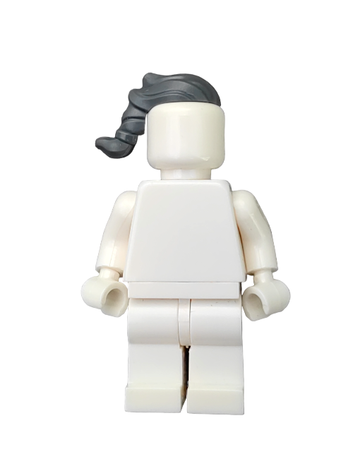 A white toy figure features the LEGO 6338388 Wig, a gray narrow swept-back ponytail. Styled as a minifigure with articulated arms and legs, it lacks facial features and stands on a plain background.