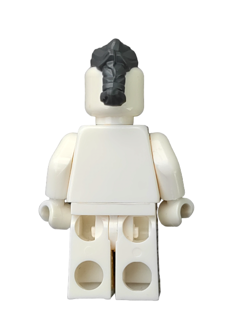 Back view of a LEGO minifigure featuring the Wig, Grey Hair Narrow Swept Back with Ponytail (Product: 6338388 UB1305). The figure stands upright, showcasing the accessory on a white background.