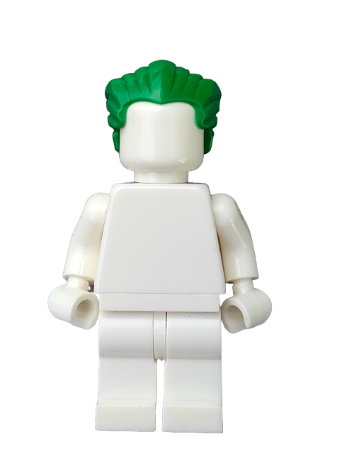 This LEGO figure showcases a distinctive accessory: the vibrant green LEGO 4655389 Wig, Green Hair Swept Back with a Peak - UB1309. Its plain white body and lack of facial features highlight the striking green hair against the white backdrop.
