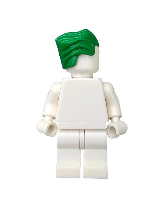 A white LEGO minifigure with the LEGO 4655389 Wig, featuring green hair swept back with a peak, stands on a plain white background. The minimalistic figure lacks facial features or clothing details, showcasing simplicity in design.