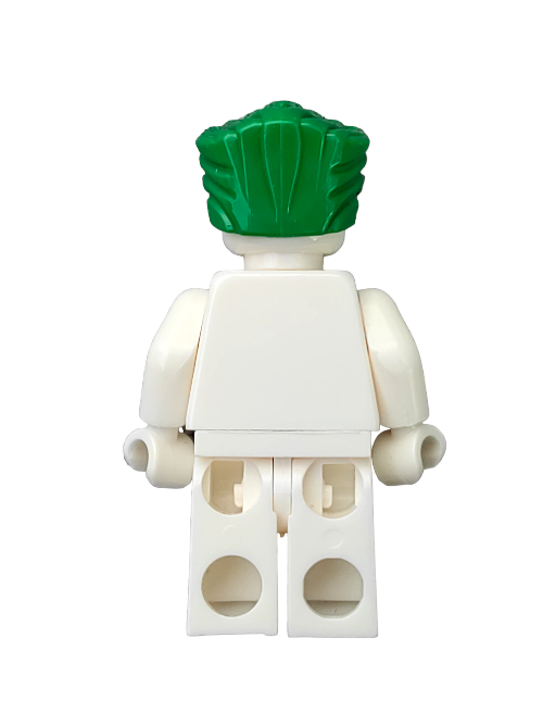 The product is a LEGO 4655389 minifigure torso with attached arms, featuring a green hair wig swept back with a peak. It has no face or legs and is displayed against a white background.