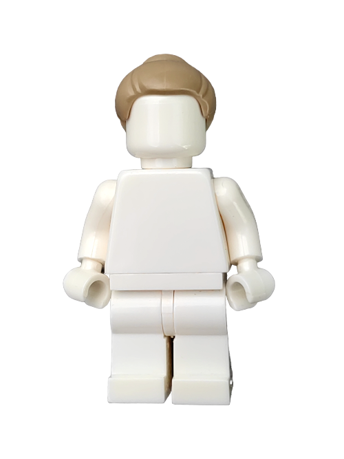 A white plastic toy figure with blocky limbs and a featureless head is wearing the LEGO 6408139 Wig, styled in a trendy bun knot with light brown hair, and is standing upright on a white background.