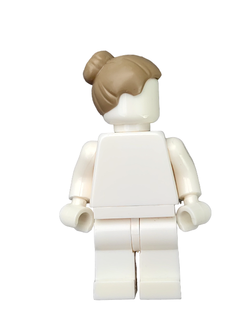 A LEGO minifigure with no facial features dressed in white, featuring a chic brown hair bun from set 6408139.