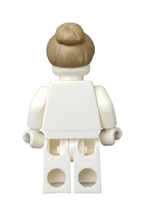 A LEGO minifigure featuring the LEGO 6408139 Wig, Brown Hair with a Bun Knot at the Top - UB1316 is shown from behind. It has a white torso and legs, set against a plain white backdrop.