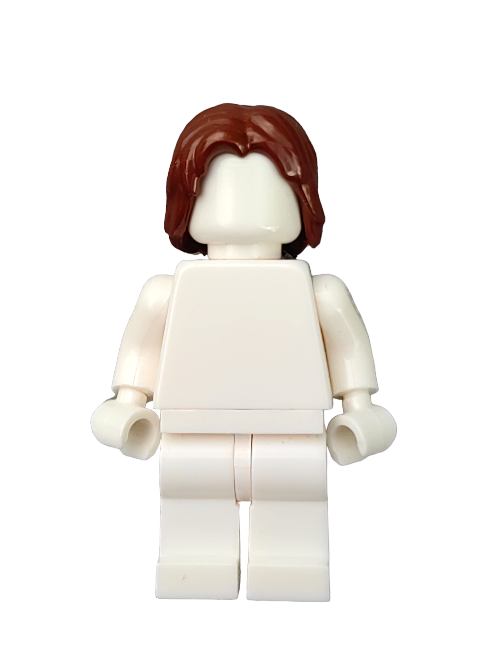 A white LEGO minifigure featuring the LEGO 6354071 wig, with brown medium-length hair styled in a middle parting, stands against a plain background. The figure is faceless and unclothed.
