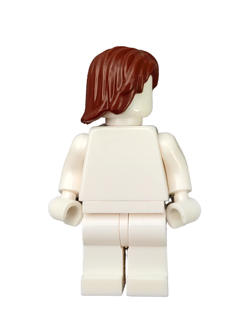 Seen from behind, the LEGO 6354071 minifigure features a medium-length brown wig with a subtle middle parting and dons an unadorned white outfit, all set against a white background.