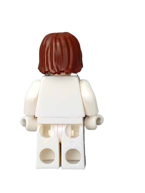 Back view of a LEGO minifigure wearing the LEGO 6354071 Wig, Brown Hair Medium Length with Middle Parting - UB1287, in a white outfit against a plain white background.