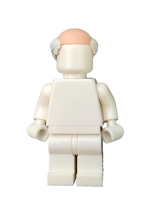 A LEGO minifigure with a pale peach head and torso stands against a white background in white clothing, featuring the premium accessory: LEGO 6278490 Wig, White Hair on the Sides and Back with a Bald Top - UB1295, adding flair to its classic look.
