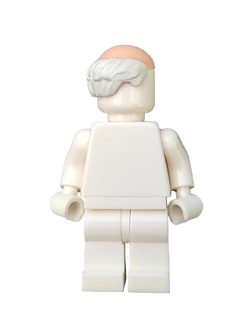 A Lego minifigure with a white outfit and LEGO 6278490 Wig featuring white hair on the sides, a bald top, and peach-colored hints stands against a plain white background.