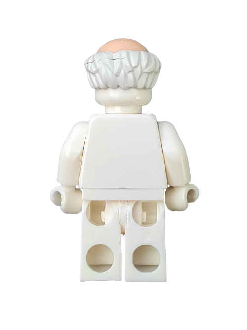 The back view of the LEGO 6278490 Minifigure features a white outfit and gray hairpiece, resembling a high-quality wig with white hair on the sides and back, bald on top, and lacks distinguishing marks or features on its front-facing surfaces.