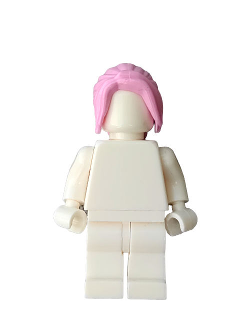 A Lego figure features the LEGO 6400762 Wig, a pink-haired ponytail with sides, on a plain white body against a white background, highlighting minifigure customization.