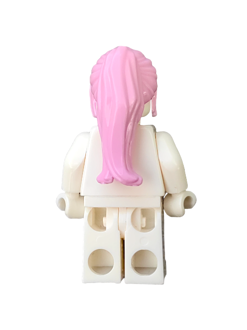 A LEGO minifigure with the product name LEGO 6400762 Sports a pink ponytail wig, showcasing its plain white body from behind. The backdrop is a simple white, ideal for customization enthusiasts eager to redesign their minifigures.
