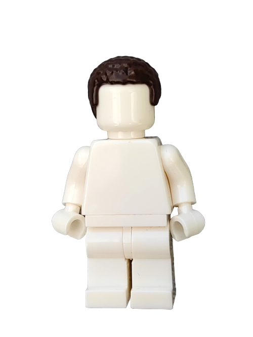 A plain white LEGO minifigure with dark brown coiled hair on a white background, using the LEGO 6373083 Wig. This featureless figure from the Minifigure collection lacks facial details and clothing designs.