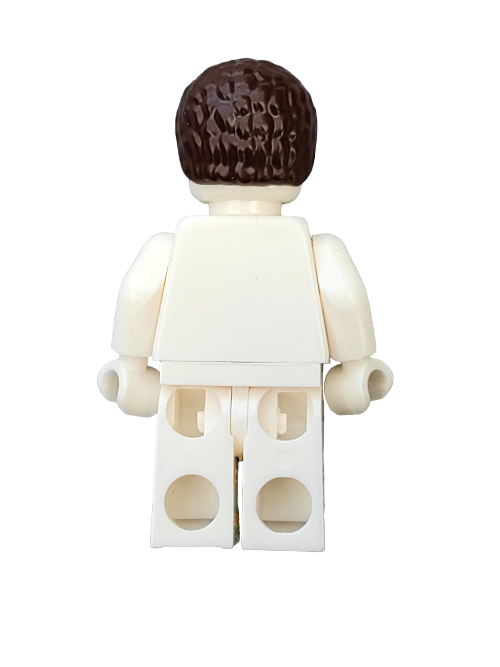 The LEGO 6373083 features a minifigure with a white body, dark brown coiled hair viewed from the back on a plain white background, ideal for any collection.