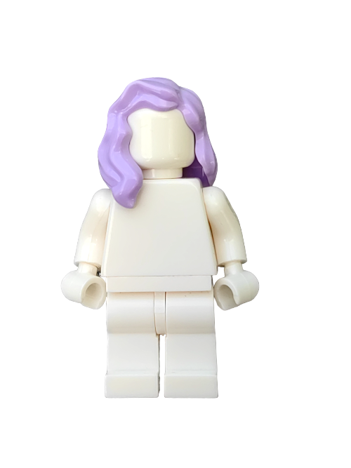 A LEGO minifigure with a blank face and lavender Wig (6295342), featuring wavy hair draped over the right shoulder, wears crisp white clothing against a plain white background, emphasizing its distinct character essence.