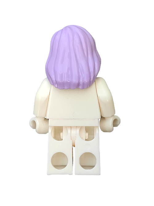 Back view of a LEGO minifigure with the Wig, Lavender Hair UB1306, cream-colored torso, and matching legs on a white background.