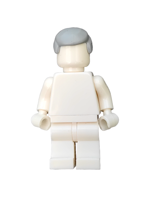 A white LEGO minifigure stands back-facing, highlighting the LEGO 4211740 Wig, Grey Hair Smooth - UB1310. Featureless and accessorized only with this light grey wig, it is set against a spotless white background.