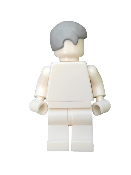 A white LEGO minifigure faces away, wearing the LEGO 4211740 Wig accessory. Its gray hair, known as Grey Hair Smooth - UB1310, subtly contrasts against the plain white background.