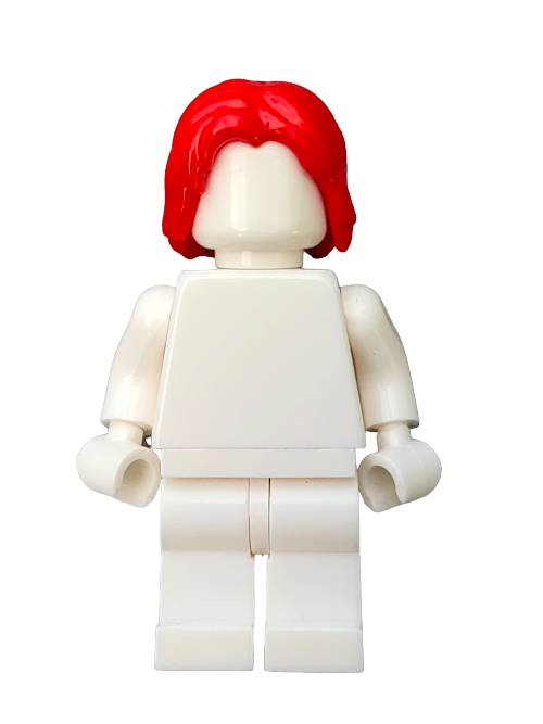 The LEGO 6400377 minifigure features a distinct middle-parted red hair wig in medium length. Standing upright against a plain background, it exudes character despite its absence of facial features.