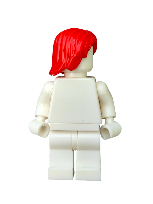 The LEGO 6400377 minifigure features a plain white body and wears a vibrant red medium-length wig with a middle parting (UB1314), posed facing away on a clean white background.