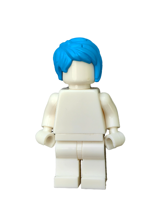 A LEGO minifigure stands upright, featuring the LEGO 6379470 Wig with bright blue hair brushed to one side. It has no facial features and is set against a white background, inviting imaginative play.