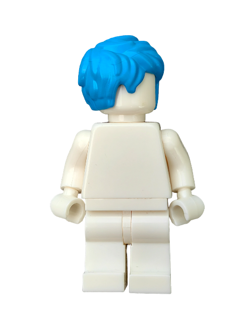 The LEGO 6379470 minifigure sports short blue hair brushed to one side, enhancing imaginative play against a white backdrop. Its plain body and lack of facial features promote endless creativity with its sleek Wig, Blue Hair.