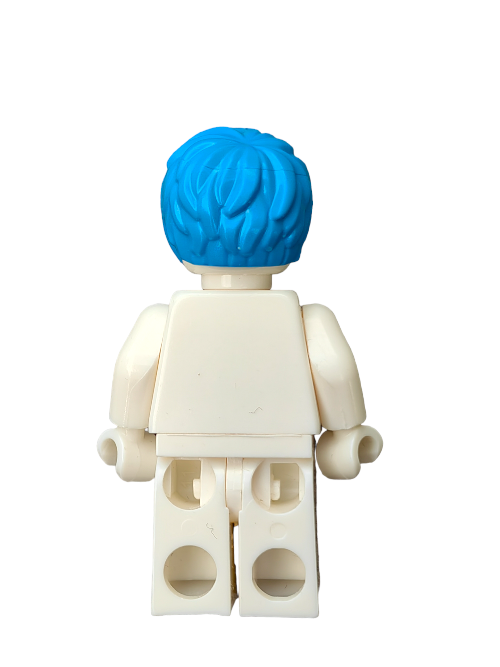 A rear view of a LEGO 6379470 figurine with the Blue Hair Short Brushed To One Side Wig against a clean white background. Resembling a toy block character, the white plastic figure is ideal for imaginative play.