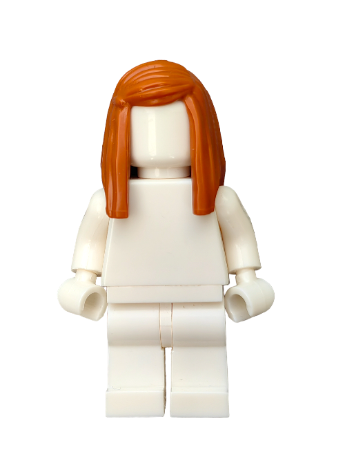 A white LEGO minifigure showcases the LEGO 6193939 Wig, featuring long straight ginger hair with a left side parting. With no facial features or clothing, it stands on a white backdrop, emphasizing limitless customization options.