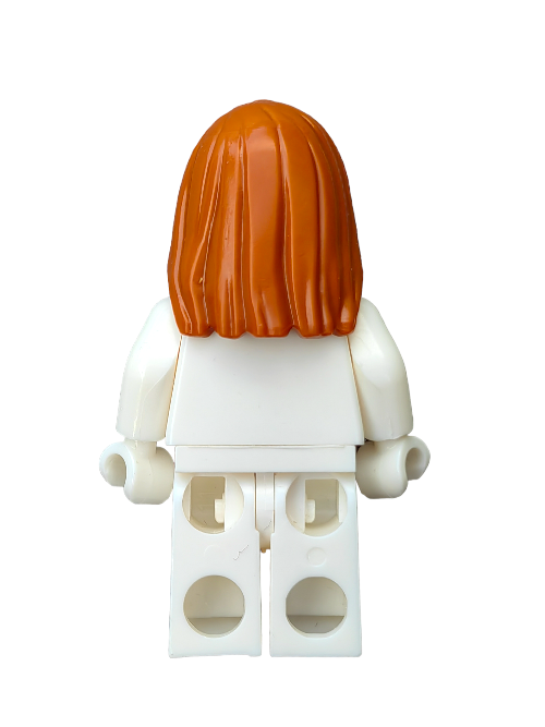 A back view of a LEGO minifigure with LEGO 6193939, featuring long straight ginger hair with a left side parting and a white outfit, highlighting endless customization possibilities against a plain white background.
