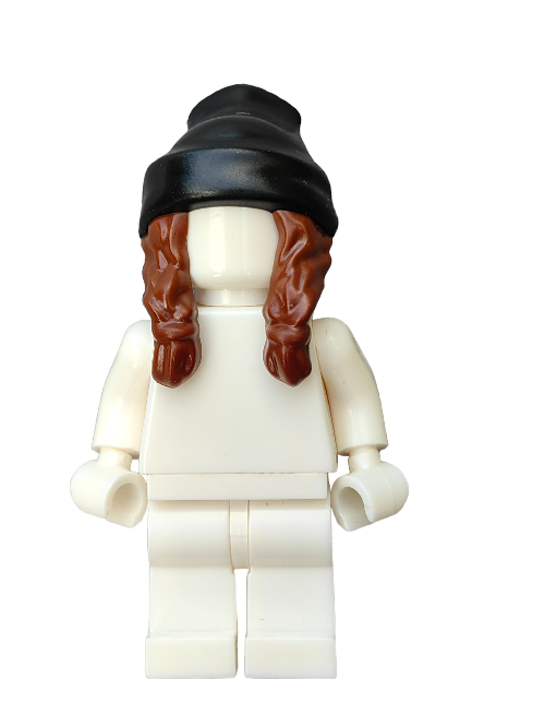 The LEGO 6393922 Wig, Brown Hair with Hat, and Black Beanie (UB1292) is a collectible mini-figure accessory styled like a classic construction set toy. Its long brown locks and black beanie add charm as a playful addition made of white plastic bricks.