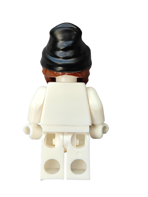 The LEGO 6393922 collectible minifigure, viewed from the back against a white background, has a white body and legs. It features brown locks with a black beanie, resembling an interchangeable Minifigure Wig.