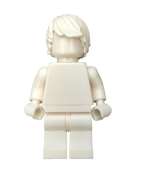 The LEGO 6368303 Minifigure, ideal for collectors and hobbyists, includes a plain torso, legs, arms, and a distinctive white hair wig combed to the side. It stands out against the stark white background, ready for any miniature universe you envision.