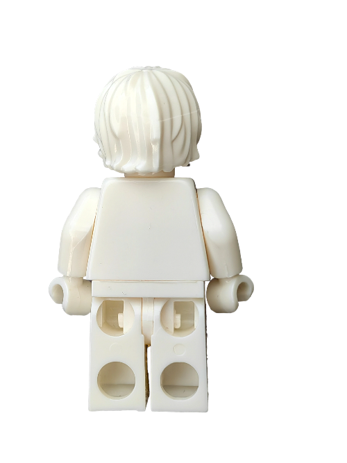The LEGO 6368303 white plastic toy figure, perfect for collectors and hobbyists, resembles a LEGO minifigure from the back. It has articulated arms and legs with a sculpted Minifigure Wig in a white hair combed-to-the-side style, ideal for any miniature universe.