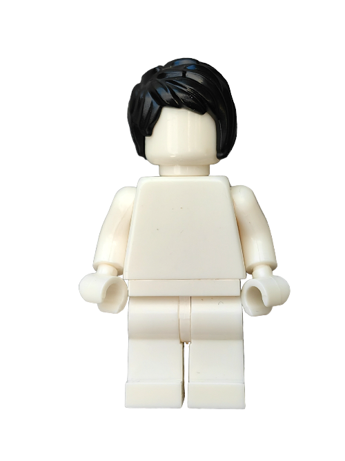 A white Lego minifigure stands in a miniature world, its black hair impeccably styled with LEGO 6293386 Wig, Black Hair Short Brushed To One Side - UB1307. Despite lacking facial features or body details, this character is primed for any adventure.