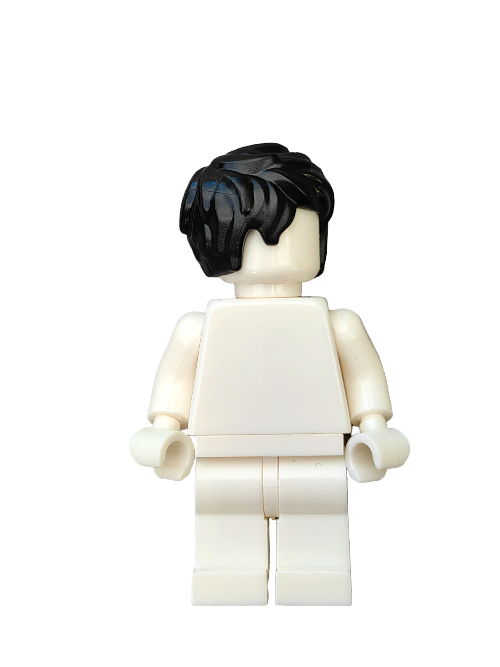 A LEGO minifigure, showcasing the LEGO 6293386 black hair wig brushed to one side, stands against a pristine white background with a plain white torso and legs.