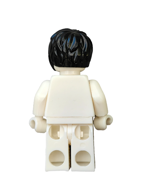 A LEGO minifigure stands against a white backdrop, featuring the distinctive LEGO 6293386 Wig with short black hair brushed to one side, and is viewed from behind with a white torso and legs.