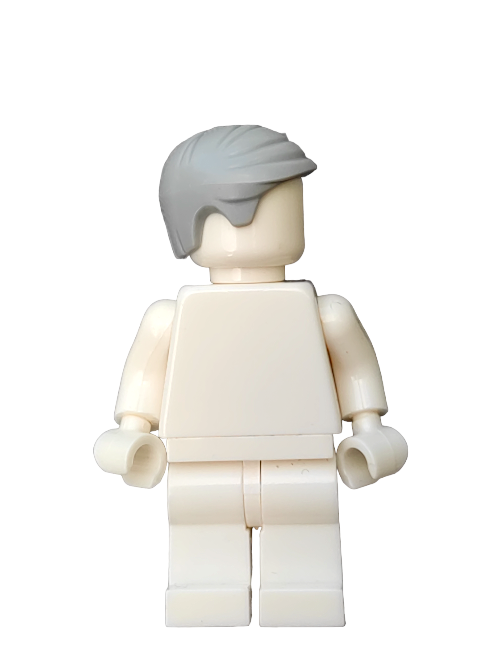 A plain LEGO minifigure with the 6310479 grey hair wig, short and combed to the side, stands against a seamless white background, highlighting the back of its head and torso. Ideal for any discerning minifigure collection.