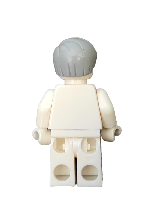 Lego minifigure featuring the LEGO 6310479 Wig with short, side-combed gray hair and a white outfit, viewed from the back against a white background. Ideal addition to your minifigure collection.