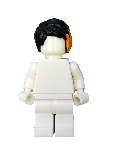 A LEGO Minifigure features a plain white body and legs, sporting the 6288031 Wig with short black hair brushed to one side and orange highlights, against a pure white background. Its lack of facial features or accessories enhances the wigs enigmatic charm.