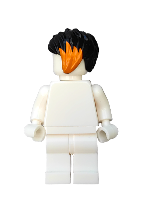 A LEGO minifigure with a plain white body and a unique black and orange wig (LEGO 6288031 Wig, Black Hair Short Brushed To One Side and Orange Highlights - UB1320) stands against a white background. Its featureless face and slightly bent arms enhance its enigmatic appeal as a collectible.