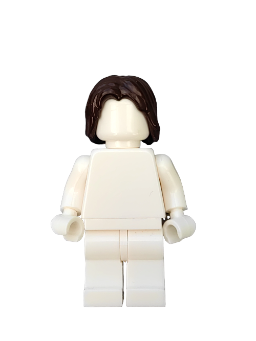 The LEGO 4568934 figure features a dark brown, medium-length wig with a middle parting and plain white body, standing against a white backdrop. This hairstyle adds character and enhances the minifigures simple yet classic appearance.