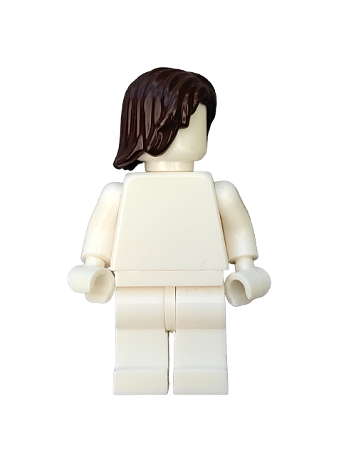 A minifigure with a dark brown medium-length wig (LEGO 4568934) and plain white torso, arms, and legs stands facing away against a white backdrop.