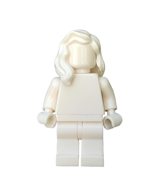 A LEGO minifigure dons the 6343441 Wig, showcasing white hair with a parting draped over the right shoulder (UB1318), set on a plain white background.