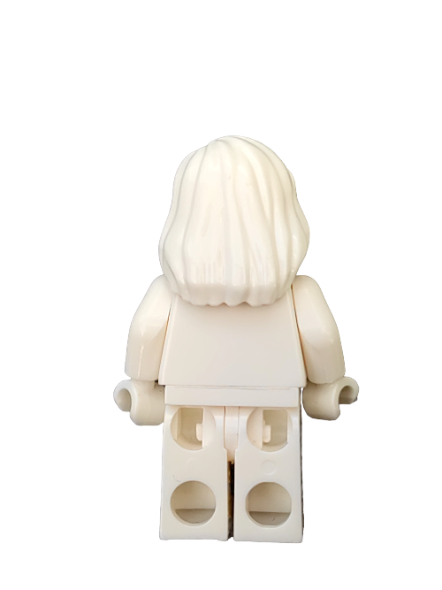 Viewed from the back, a white plastic toy figure wears the LEGO 6343441 Wig, featuring parted hair draped over the right shoulder. Its blocky arms and legs contrast with its smooth head against a plain white backdrop, showcasing this accessorys simplicity and style.