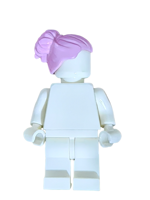 A white LEGO Minifigure dons the LEGO 6365025 Pink Hair Wig with a large bun high to the back, set against a white background.