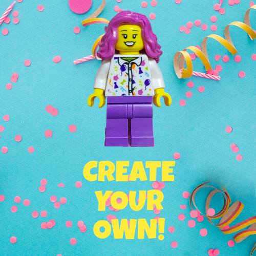A personalized LEGO® Minifigure with purple hair and a colorful outfit stands on a blue background surrounded by pink confetti, streamers, and party decorations. Unleash your imagination with the text CREATE YOUR OWN! in bold yellow letters below. Design yours: 1000s of combinations are possible!.
