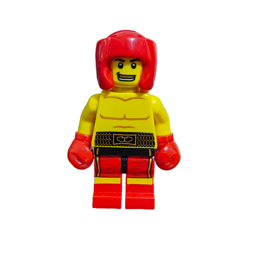 A Themed Boxer, Personalised Minifigure, with a red helmet, gloves, and shorts exhibits a muscular yellow torso and determined expression against a black background.