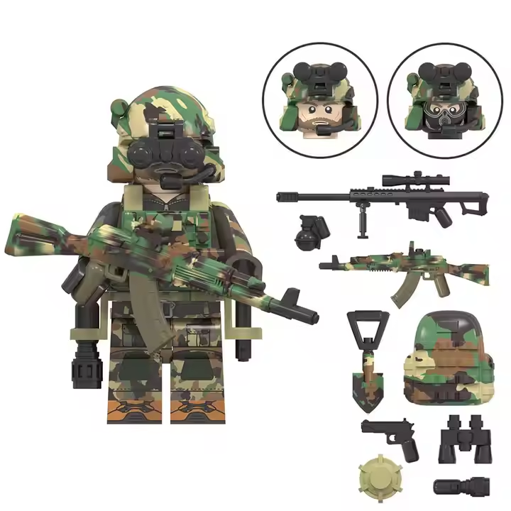Unleash tactical prowess with the LEGO Special Forces Minifigures, outfitted in camo gear with a helmet and night vision. Complete with rifles, backpack, shovel, drone, and strategic accessories. Features two alternate faces displayed above for customization.