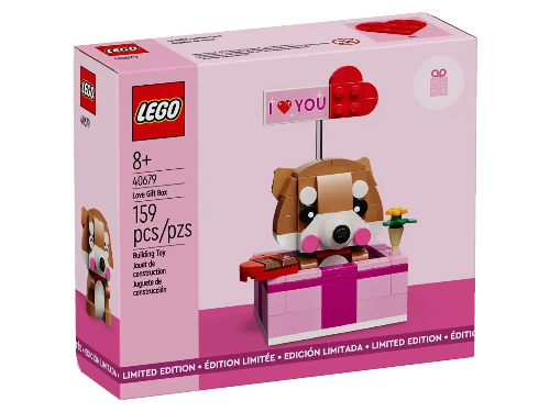 This Valentines Day, enjoy the LEGO® Love Gift Box (40679) with 159 pieces. It features a cute Shiba Inu dog with an I ♥ YOU sign atop a pink and white box, ideal for ages 8+. The packaging is multilingual for global enjoyment.
