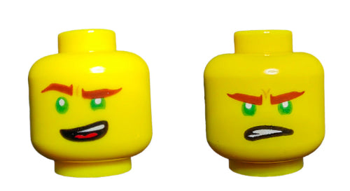 The LEGO 6191962 set features two expressive minifigure heads with green eyes and red eyebrows on a white background: the left has a happy dual-faced smile, while the right displays an angry frown.